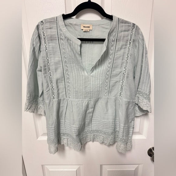 Zadig & Voltaire Tosea Top Short Sleeve Peplum Lace Trim Blue Small - Picture 8 of 8